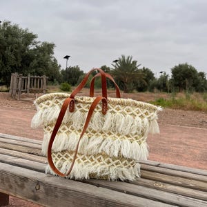 Boho Handwoven Straw Tote Bag with Tassels | Moroccan Market Basket with Leather Straps | Beach Bag | Handmade Natural Palm Bag