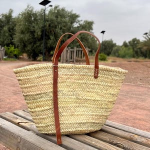 Handmade Palm Leaf Basket Tote with Leather Handles | Large Woven Market Bag | Natural Straw Beach Bag | Moroccan Style Storage