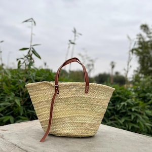 Personalized Moroccan Straw Bag – Handmade Tote Basket with Leather Straps & Liner, Boho Summer Beach Bag, Gift for Her