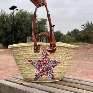 Straw Beach Bag with Sequin Star – Handmade Woven Tote with Leather Handles – Summer Vacation Bag – Boho Market Basket – Gift for Her