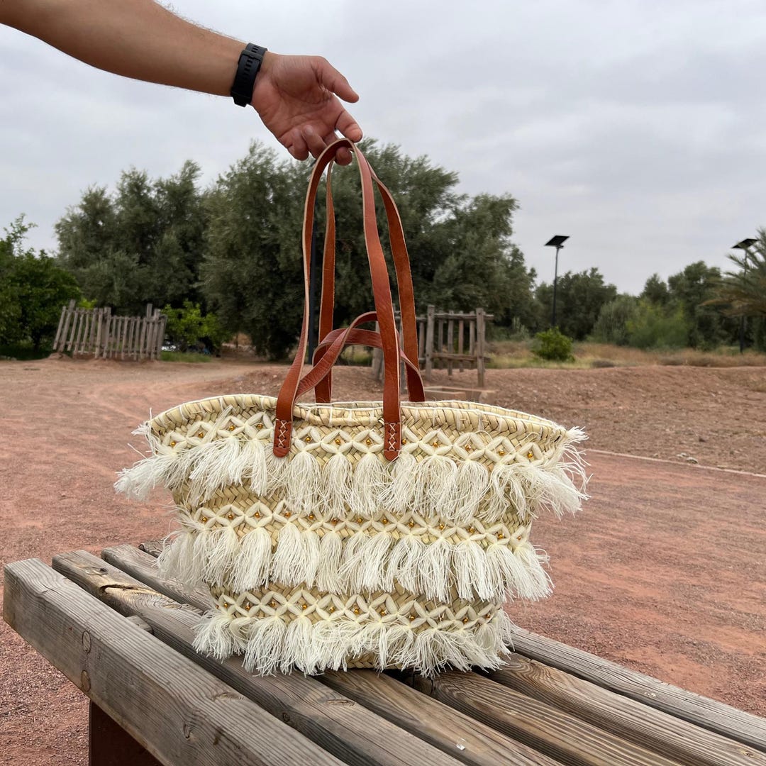 Boho Moroccan Straw Tote Bag – Handmade Fringe Basket Purse With ...