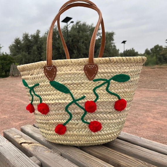 Handmade Moroccan Straw Tote With Cherry Pom Pom Embroidery – Boho