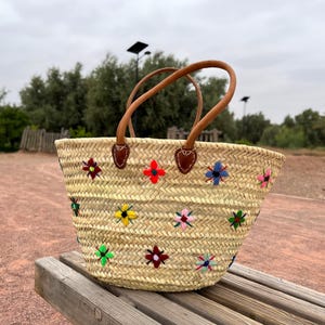 Handmade Moroccan Straw Tote with Colorful Flower Embroidery – Boho Woven Market Basket Bag, Summer Beach Tote with Leather Handles