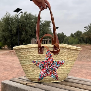 Handmade Moroccan Straw Basket with Colorful Sequin Star – Boho Beach Tote with Leather Handles – Summer Market Bag Gift for Her