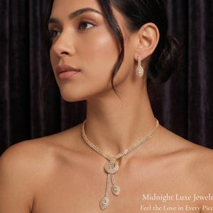 Gold Rhinestone Lariat Necklace Earrings Set, Geometric Crystal Bridal Jewelry, Wedding Statement Set, Prom Gala Gift for Her Mom Wife Set