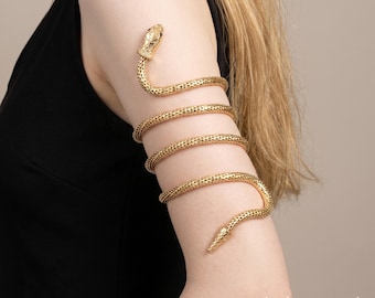 Brazalete con serpiente enroscada dorada, brazalete de serpiente estilo egipcio, joyería corporal ajustable, accesorio llamativo para diosas, regalo para mamá.