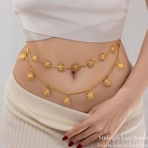 Gold Sun Face Chain Belt - Radiant Sunburst Link Sun Chain Belt, Sun Waist Belt, Dress Belt, Gold Chain Belt  main image 3
