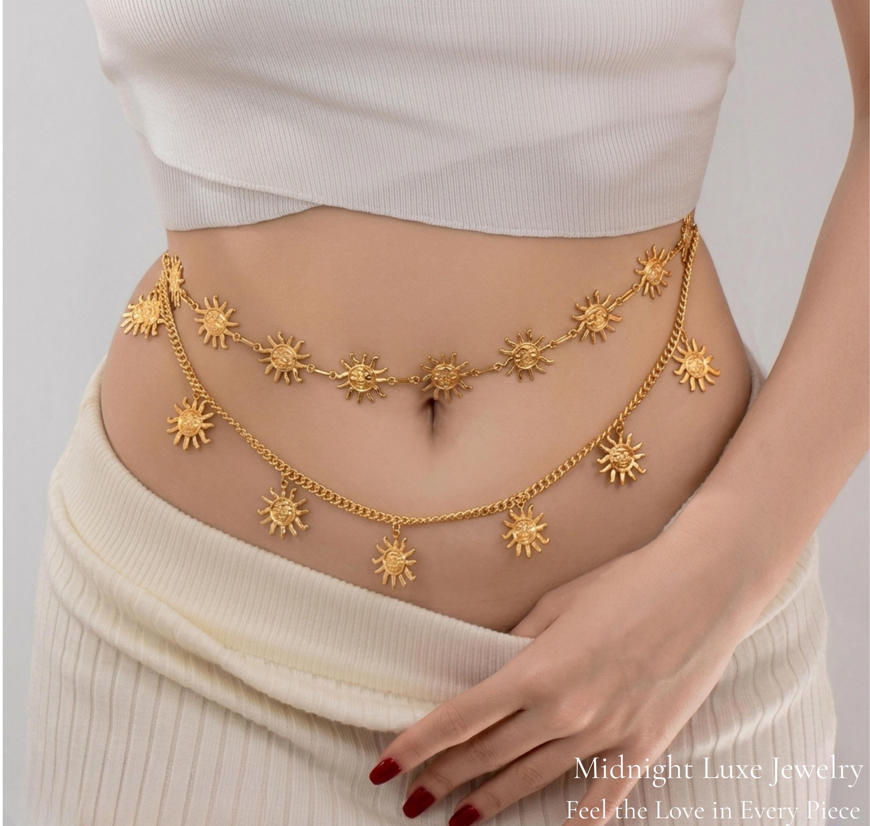 Boho Sunflower Multilayer Chain Gold Belt 36” Wicca Whimsical Waist Chain Belt – karmanepalcrafts main image 3