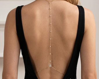 Gold Silver Pearl Zirconia Back Chain, Waterdrop Backless Body Jewelry, Adjustable Bridal Backdrop Necklace, Wedding Gift for Her Mom Wife