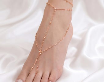 Gold Silver Barefoot Sandal Anklet, Minimalist Multilayer Foot Jewelry, Beaded Finger Toe Ring Anklet, Boho Beach Wedding Gift for Her Mom