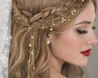 Diadema nupcial con cadena para el cabello de luna y estrella celestial, joyería bohemia en tonos dorados y plateados, delicado accesorio para el cabello con forma de galaxia, regalo de graduación o boda para ella, su madre o esposa.