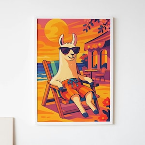 Chillin' Llama Digital Art Print - Summer Beach Vibes | Funny Llama in Sunglasses, Vacation Home Decor, Whimsical Animal Art