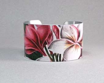 Plumeria Cuff Bracelet, Frangipani Jewelry, Tropical Flower Gift