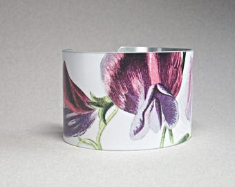 Sweet Pea Cuff Bracelet, Vintage Botanical Garden Gift, April Birth Month Jewelry