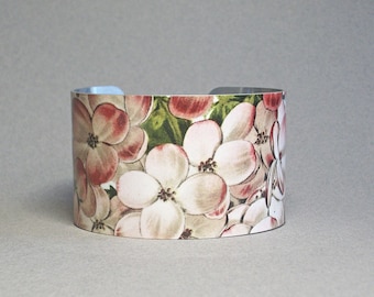 Pink Hydrangea Cuff Bracelet, Vintage Botanical Floral, Cottagecore Jewelry