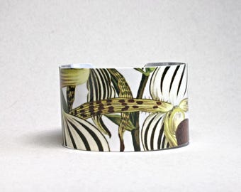Vintage Lady Slipper Orchid Cuff Bracelet: Botanical Illustration Jewelry