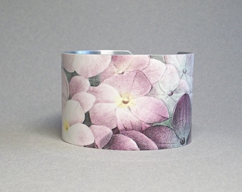 Pink Hydrangea Cuff Bracelet: Vintage Botanical Art, Gardener Gift