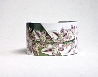Purple White Orchid Cuff Bracelet: Botanical Illustration Jewelry