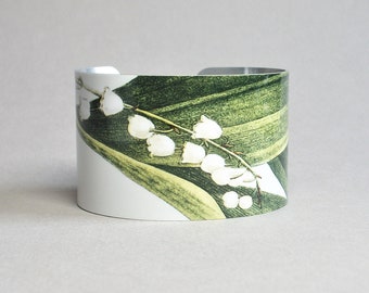 Lily of the Valley Cuff Bracelet, Vintage Botanical, Gift for Her, May Birth Flower