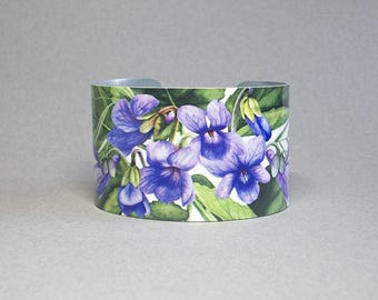 Violets Flower Cuff Bracelet: Botanical Jewelry, Gift for Gardener, February Birth Flower