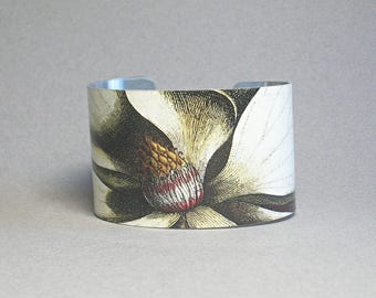 Magnolia Cuff Bracelet, Floral Gift Jewelry, Vintage Illustration