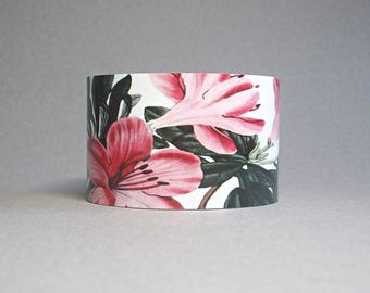 Azalea Pink Cuff Bracelet, Vintage Botanical Illustration, Gift for Gardener
