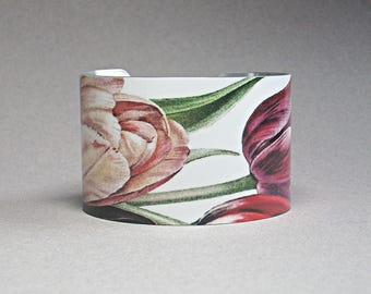 Tulip Cuff Bracelet: Vintage Botanical Art Jewelry, April Birth Flower