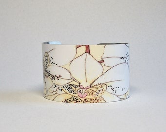 Orchid Cuff Bracelet, Botanical Illustration Jewelry, Gift for Gardener