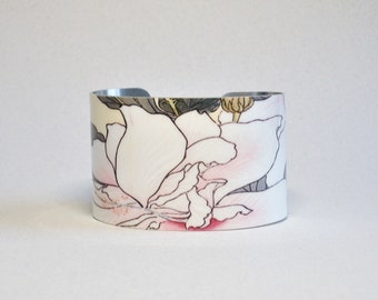 Hibiscus Flower Cuff Bracelet: Vintage Botanical Art, Floral Jewelry