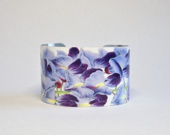 Purple Wisteria Cuff Bracelet, Unique Flower Jewelry, Gift for Gardener