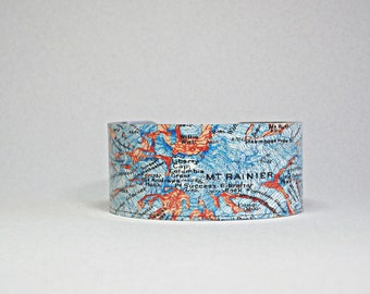 Mount Rainier Washington Map Cuff Bracelet Unique Gift for Hiker