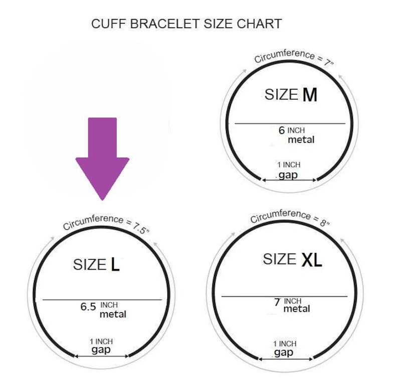 Pu&ograve; includere: Un grafico delle taglie dei braccialetti a polsino con tre diagrammi circolari etichettati M, L e XL. Ogni diagramma mostra la circonferenza in pollici, la lunghezza del metallo in pollici e un'apertura di 1 pollice. Il grafico include una freccia viola.