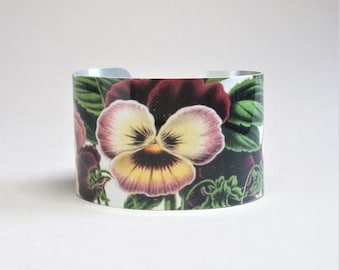 Pansy Flower Cuff Bracelet: Vintage Botanical Illustration