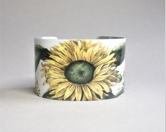 Sunflower Cuff Bracelet: Vintage Botanical Illustration