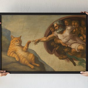 Meme "Creazione di Adamo" con Chonky Tabby - Divertente poster parodia di gatti, decorazione da parete perfetta per gli amanti dei gatti e i fan dei meme