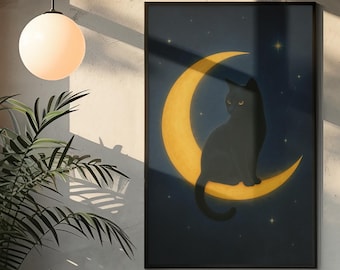 Black Cat Crescent Moon Art Print: Witchy Celestial Wall Decor