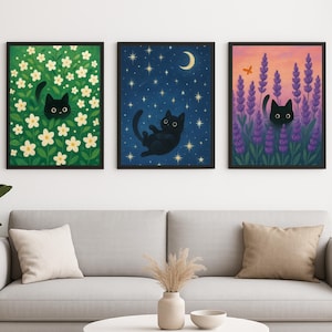 Cute Black Cat Wall Art Set – Digital Download, Aesthetic Cat Posters for Home Office Decor