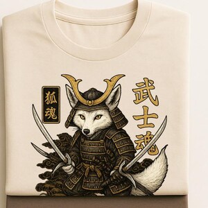 T-shirt renard samouraï : art japonais guerrier kitsune, t-shirt en coton unisexe