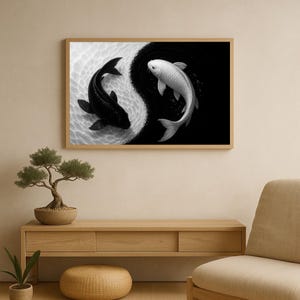 Yin Yang Koi Fish Poster – Black & White Zen Wall Art, Japanese Minimalist Decor, Peaceful Balance, Matte Print for Meditation Space