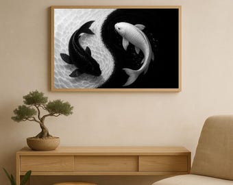Yin Yang Koi Fish Poster: Japanese Zen Art, Minimalist Print
