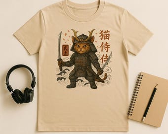 Samurai Katze T-Shirt: Japanisches Krieger Anime Grafik T-Shirt