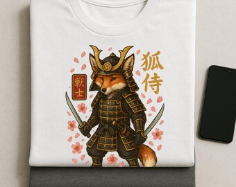 May include: White t-shirt featuring a cartoon fox in samurai armor, holding two swords. The design includes Japanese characters and cherry blossom accents. The shirt is folded on top of other folded shirts.