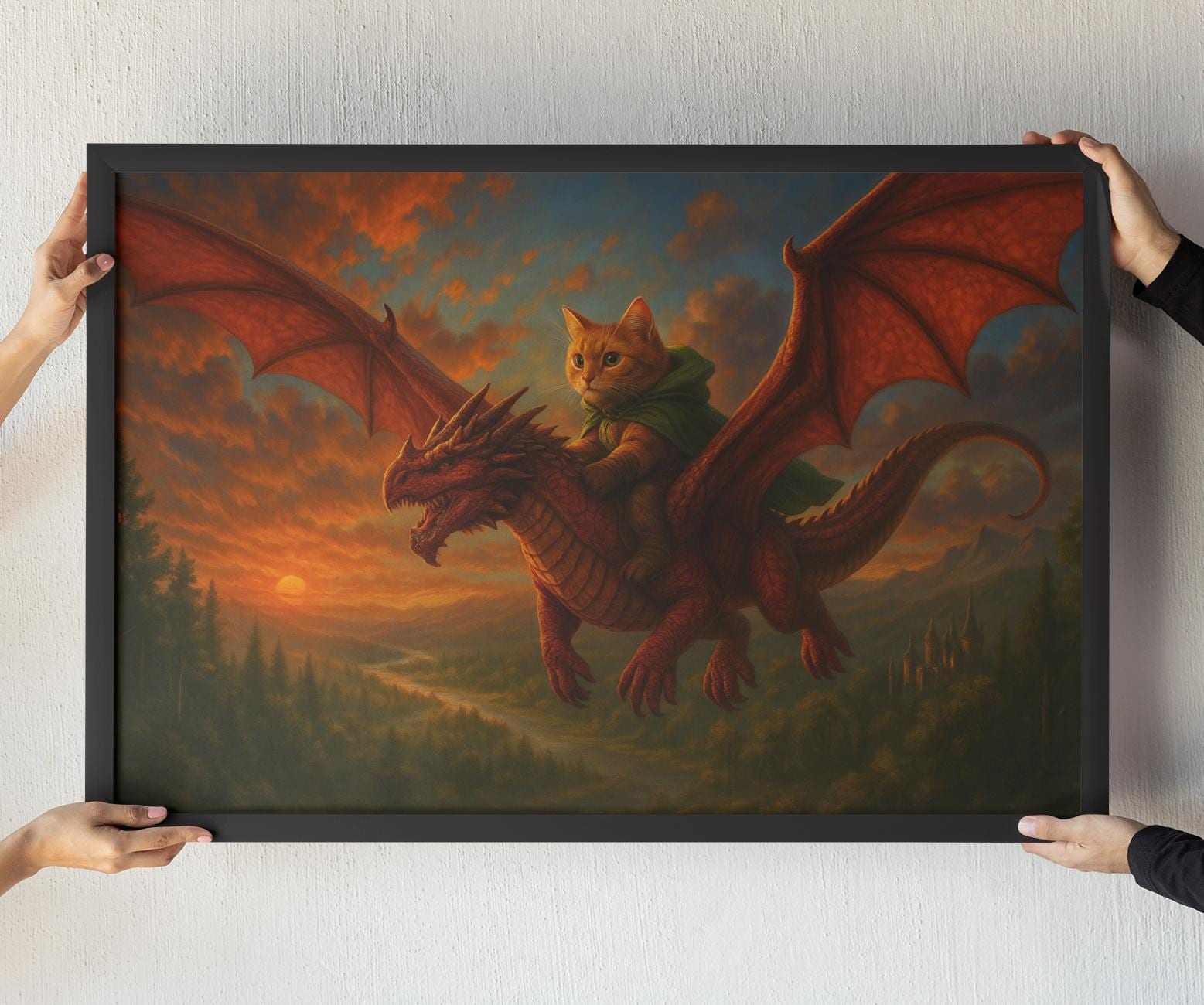 Majestic Cat Riding Dragon Art Print: Sunset Fantasy Poster - Etsy