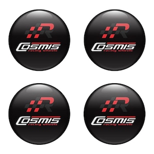 Set x 4 pcs Cosmis Wheel Centre Hub Caps/Domed epoxy emblem/Self Adhesive Stickers for car interior, Laptop and Phone/High quality Handmade