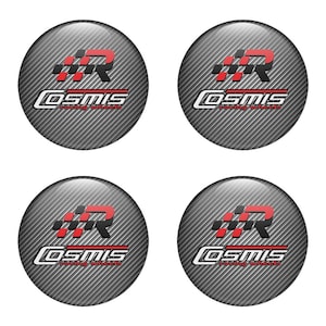 Set x 4 pcs Cosmis Wheel Centre Hub Caps/Domed epoxy emblem/Self Adhesive Stickers for car interior, Laptop and Phone/High quality Handmade