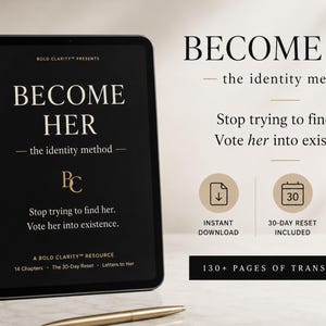 Op de afbeelding: Een digitale tablet toont de tekst "WORD HAAR" met "de identiteitsmethode" eronder. De afbeelding bevat de zinnen "Stop met proberen haar te vinden. Stem haar in het bestaan" en "130+ PAGINA'S TRANSFORMATIE".