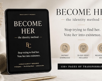 Puede incluir: Una tableta digital muestra el texto "CONVIÉRTETE EN ELLA" con "el método de identidad" debajo. La imagen incluye las frases "Deja de intentar encontrarla. Vota por su existencia" y "130+ PÁGINAS DE TRANSFORMACIÓN".