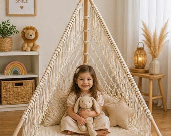 Boho Kids Teepee Tent, Macrame Play Tent, Nursery Decor, Toddler Indoor Playhouse, Handmade Cotton Teepee, Kids Room Decor, Gift for Kids