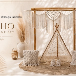 May include: A Boho macrame set with a teepee, arch, pillows, and rug. The set is in neutral tones of beige and brown, with a natural, earthy aesthetic. The text "BOHO MACRAME SET" is displayed in the image.