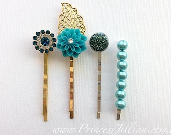 Mixed media hair pins - Aquamarine blue sparkly rhinestone pearls glitter resin mum floral minimalist beaded bridal jeweled hair accessories